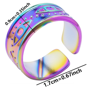 Detailed view of adjustable rainbow steel ring with devil eye pattern and size markings