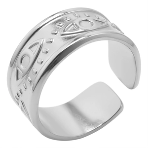 Detailed macro view of silver stainless steel adjustable ring with evil eye relief pattern