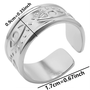Detail view of Evil Eye embossed 304 stainless steel adjustable open ring band with measurements