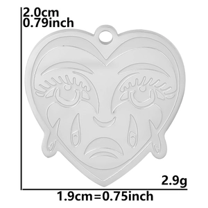 Detailed size view of silver heart pendant with crying face engraving measuring 2.0x1.9cm