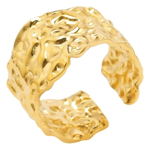 Adjustable golden stainless steel ring with unique irregular hammered lava texture