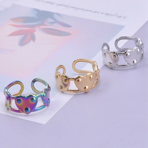 Adjustable minimalist hollow heart rings in iridescent, gold, and silver stainless steel