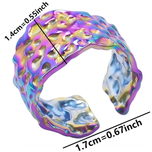 Detailed view of irregular textured rainbow metal cuff ring showing width and diameter measurements