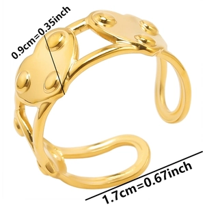 Detailed macro view of gold adjustable ring showing dimensions and geometric dot accents