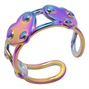 Macro shot of 304 stainless steel adjustable ring with rainbow gradient plating detail
