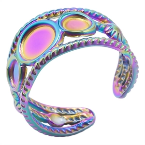 Detailed macro shot of an iridescent stainless steel open ring with twisted rope texture
