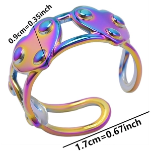 Detail view of rainbow plating 304 stainless steel heart ring with dimension markings