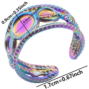 Detail view of rainbow plating 304 stainless steel ring with twisted texture and open band