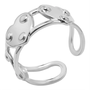 Macro detail of silver adjustable double-layer ring with geometric metallic bead accents