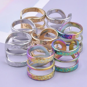 Adjustable 304 stainless steel triple-layer hollow rings with hammered texture finish