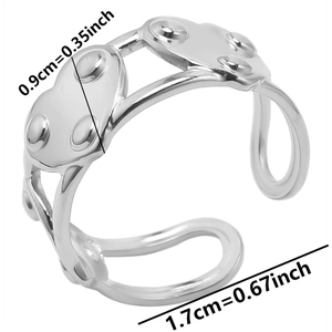 Detailed view showing dimensions of heart-shaped stainless steel open ring for women