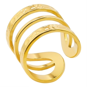Adjustable golden stainless steel triple-layered hollow ring with hammered texture finish