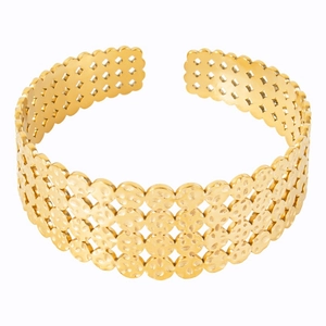 Bracelet manchette ouvert en acier inoxydable plaqué or 18k avec motif cercles ajourés