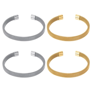 Detail view of gold and silver mesh woven adjustable stainless steel open bangles