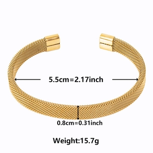 18k gold mesh woven stainless steel open bangle bracelet with measurements and weight details