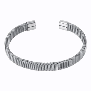 Macro view of woven mesh texture on silver adjustable stainless steel cuff bracelet