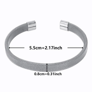 Detailed view of silver mesh textured open bangle with 5.5cm inner diameter and 0.8cm width