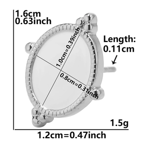 Vue détaillée du clou d'oreille ovale en acier 304 avec dimensions et texture vintage