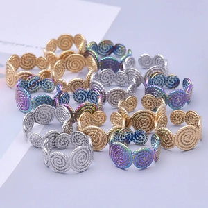 Three-color 304 stainless steel open rings with spiral hollow design in gold silver and rainbow