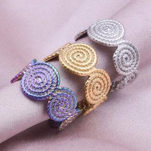 Adjustable 304 stainless steel geometric spiral rings in rainbow, gold and silver finishes