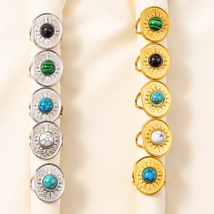 Vintage bohemian 304 stainless steel adjustable sunburst rings with oval stone inlay