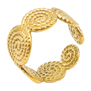 Minimalist gold 304 stainless steel open ring with twisted rope texture and spiral design