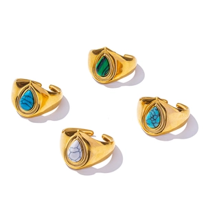 Bohemian adjustable 304 stainless steel open rings with colorful teardrop gemstones