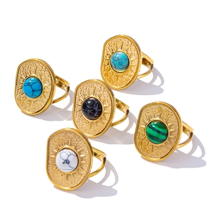 Retro 304 stainless steel adjustable rings with vintage turquoise and malachite stones