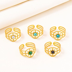 Set di cinque anelli regolabili in acciaio inossidabile 304 dorato con pietre colorate