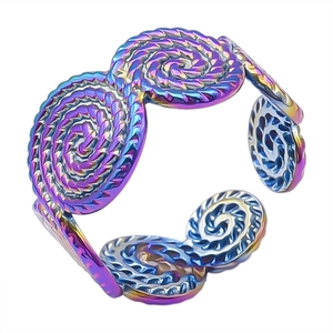 Macro shot of colorful iridescent 304 stainless steel adjustable spiral ring with texture