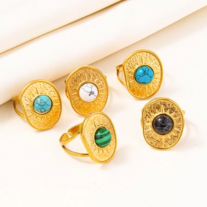 Vintage Stainless Steel Bohemian Sunburst Finger Ring Adjustable Open Hammered Texture Inlaid Artificial Stone Jewelry For Men Women