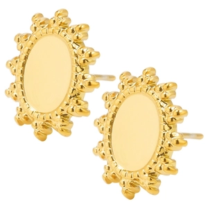 Détail macro de boucles d'oreilles ovales soleil en acier inoxydable doré poli miroir