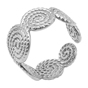 Detailed close-up showing the silver stainless steel twisted spiral ring with open design