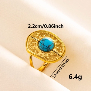 Adjustable 304 stainless steel ring with blue turquoise stone and sunburst pattern