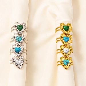 Vintage Stainless Steel Synthetic Stone Heart Ring For Women Adjustable Open Lava Texture Gold Silver Plated Jewelry