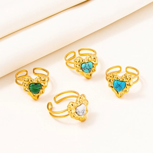 Adjustable golden stainless steel rings with malachite and marble heart stones set