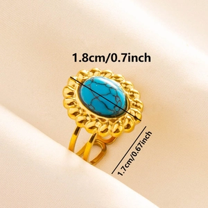 Détail d'une bague dorée en acier inoxydable avec pierre turquoise et dimensions
