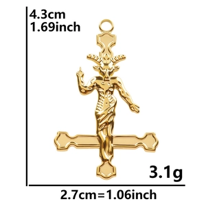 Polished 18k gold plated 304 stainless steel Baphomet goat head inverted cross pendant
