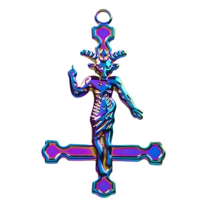 Macro detail of rainbow stainless steel Baphomet goat head and inverted cross pendant