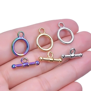 Macro shot of stainless steel OT toggle clasps for jewelry making in three colors