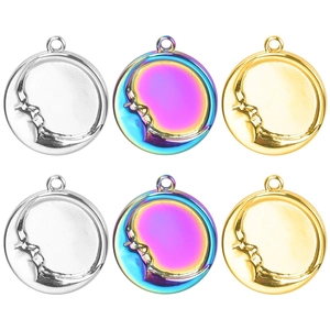 Stainless Steel Moon Face Relief Circular Pendant DIY Jewelry Making Retro Minimalist Charm For Necklace Bracelet Gold Silver Rainbow