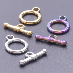 Close-up of 304 stainless steel OT toggle clasps in gold silver and rainbow finishes