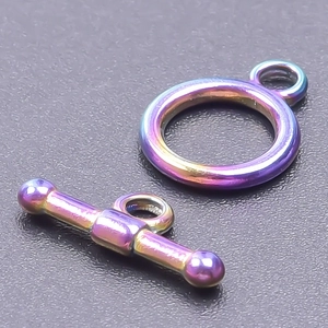 Macro view of rainbow plated stainless steel toggle clasp set for DIY jewelry making