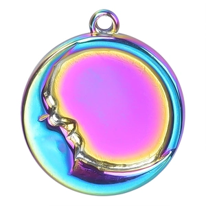 Macro shot of 304 stainless steel crescent moon pendant with iridescent rainbow finish
