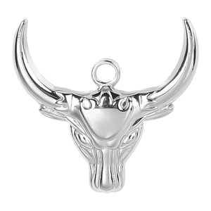 Detailed view of silver bull head pendant in 304 stainless steel with a mirror finish