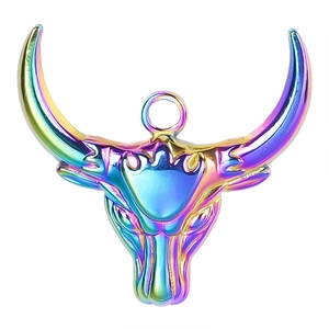 Rainbow-plated 304 stainless steel bull head pendant with vibrant metallic color gradient