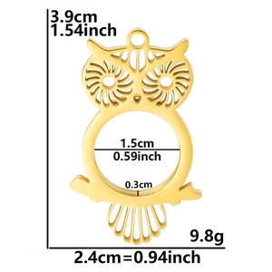 Golden owl stainless steel pendant locket with dimensions showing 3.9cm height and 9.8g weight