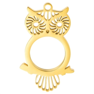 Gold-plated owl-shaped stainless steel locket pendant with transparent photo frame