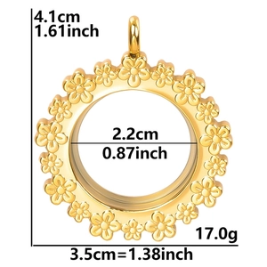 Golden flower locket pendant with glass photo frame made of 304 stainless steel