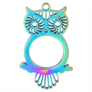 Detailed macro view of the colorful owl-shaped 304 stainless steel hollow pendant